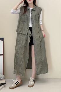 小众翻领无袖 不规则设计牛仔马甲女薄料柔软复古收腰显瘦背心裙秋