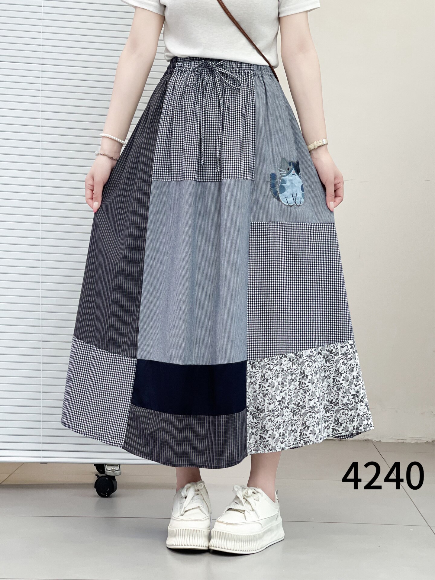 森女日系小清新复古百家布拼接松紧腰宽松大码百搭减龄秋季半身裙