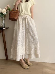 2026春装新款日系镂空刺绣拼接松紧腰宽松休闲减龄纯棉百搭阔腿裤