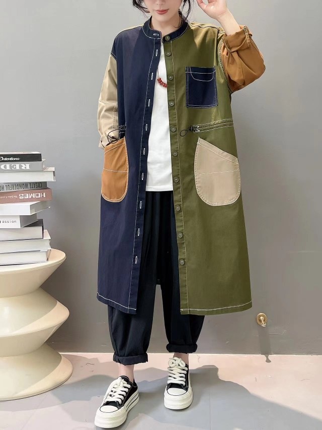 时尚个性军风洋气拼色春秋新款收腰显瘦宽松大码韩版长款开衫女潮