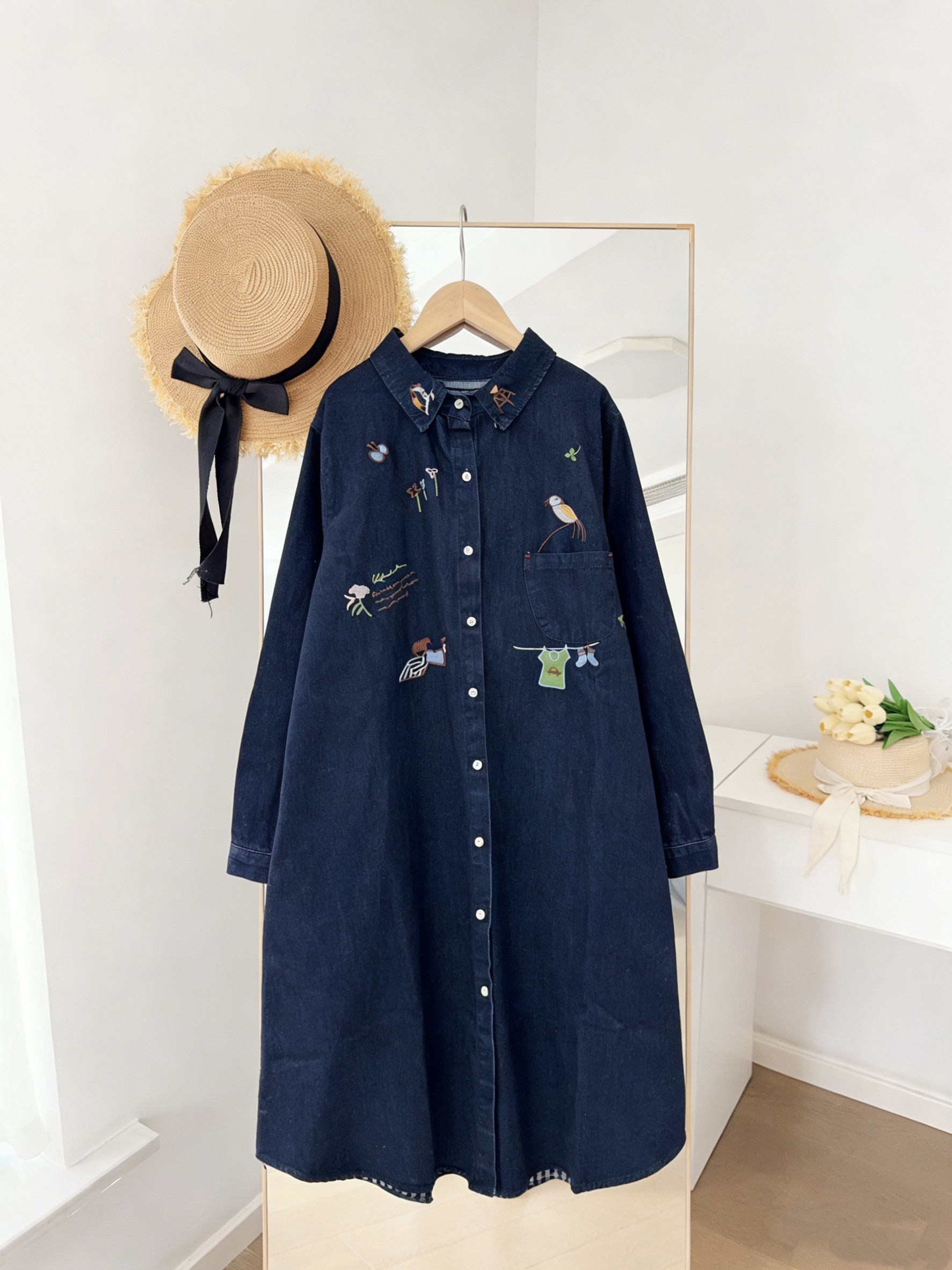 韩版别致小众设计柔软复古拼色牛仔过膝中长款宽松休闲减龄开衫秋,女装/女士精品,连衣裙,淘宝优惠券,粉丝福利购,淘宝优惠卷