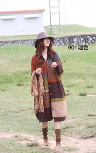 2024秋冬新款复古拼色条纹连帽过膝慵懒风显气质百搭针织森系外套