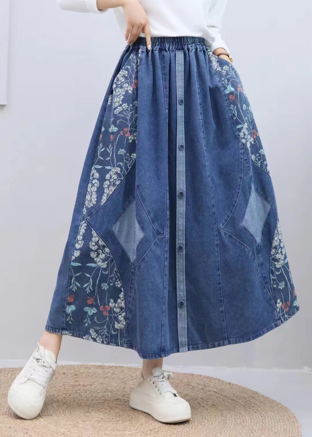 复古小众不规则拼接牛仔半裙 日系宽松大码松紧腰个性百搭A字裙潮