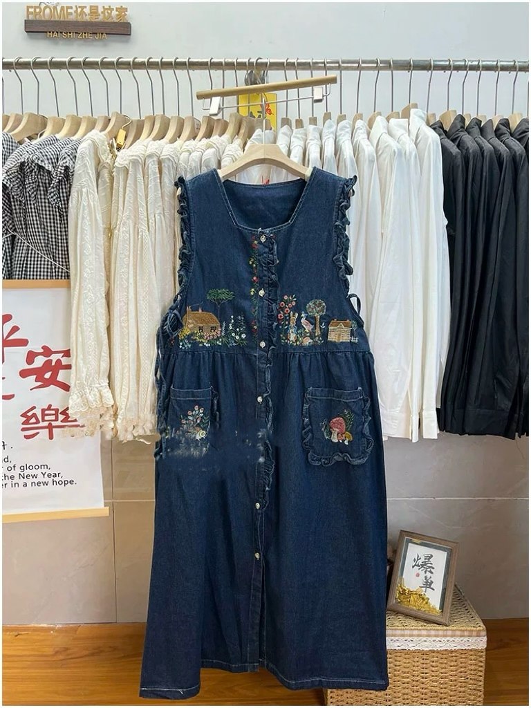 森女日系牛仔刺绣复古拼接薄料柔软长款背心裙秋新款减龄甜美洋气