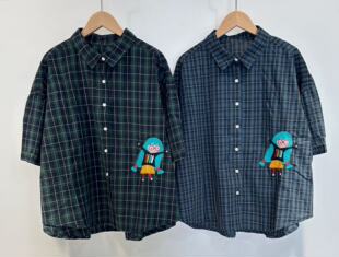 潮 日系复古格子刺绣宽松休闲减龄百搭纯棉衬衫 原宿风2026夏季 新款