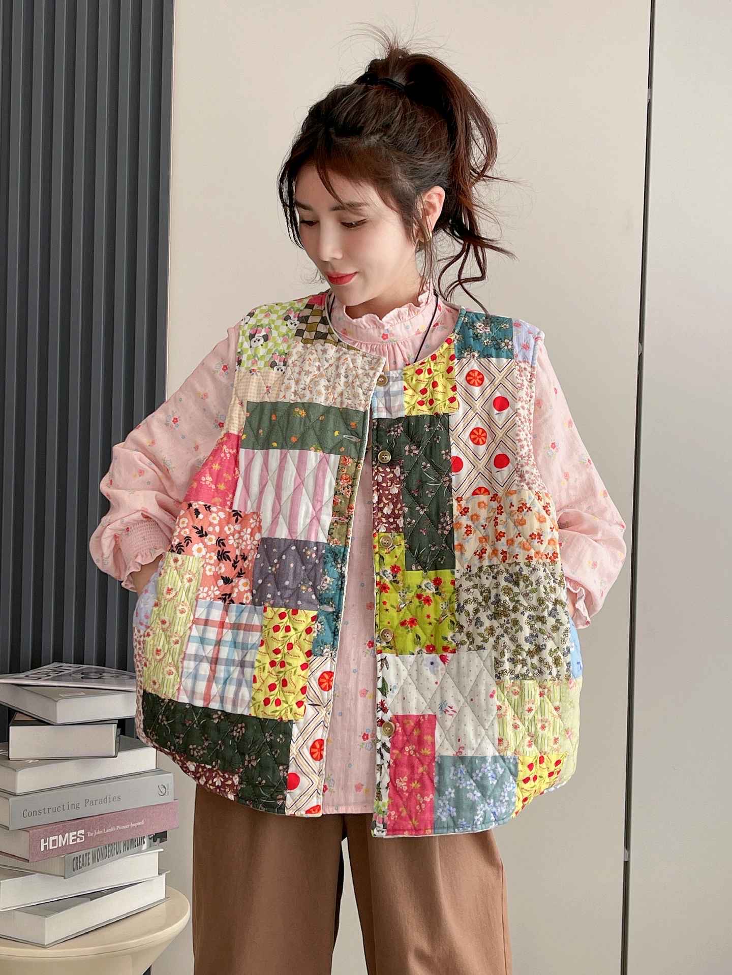 森女系文艺复古百家布拼接马甲外套女秋冬装民族风外搭洋气坎肩潮