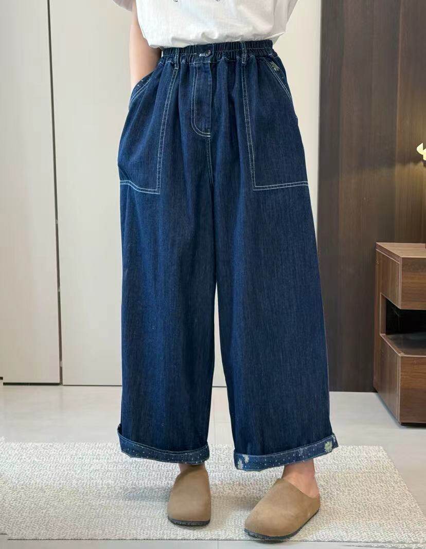韩版大码松紧腰别致设计春秋新款宽松休闲工装牛仔哈伦直筒裤女潮