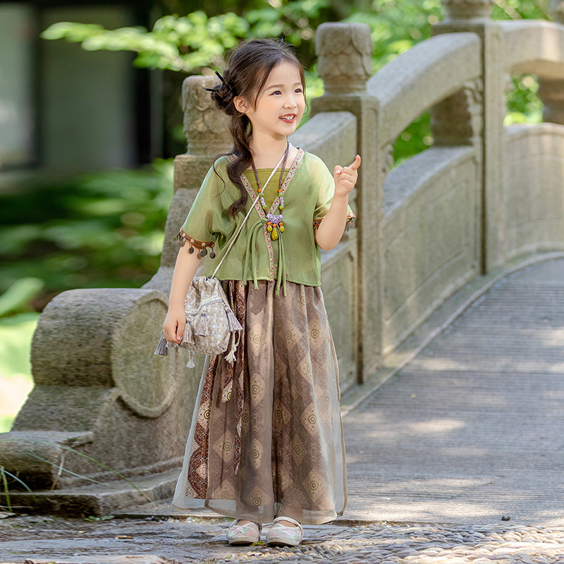 女童汉服夏季唐装套装2025新款新中式国风改良南疆民族古风三件套