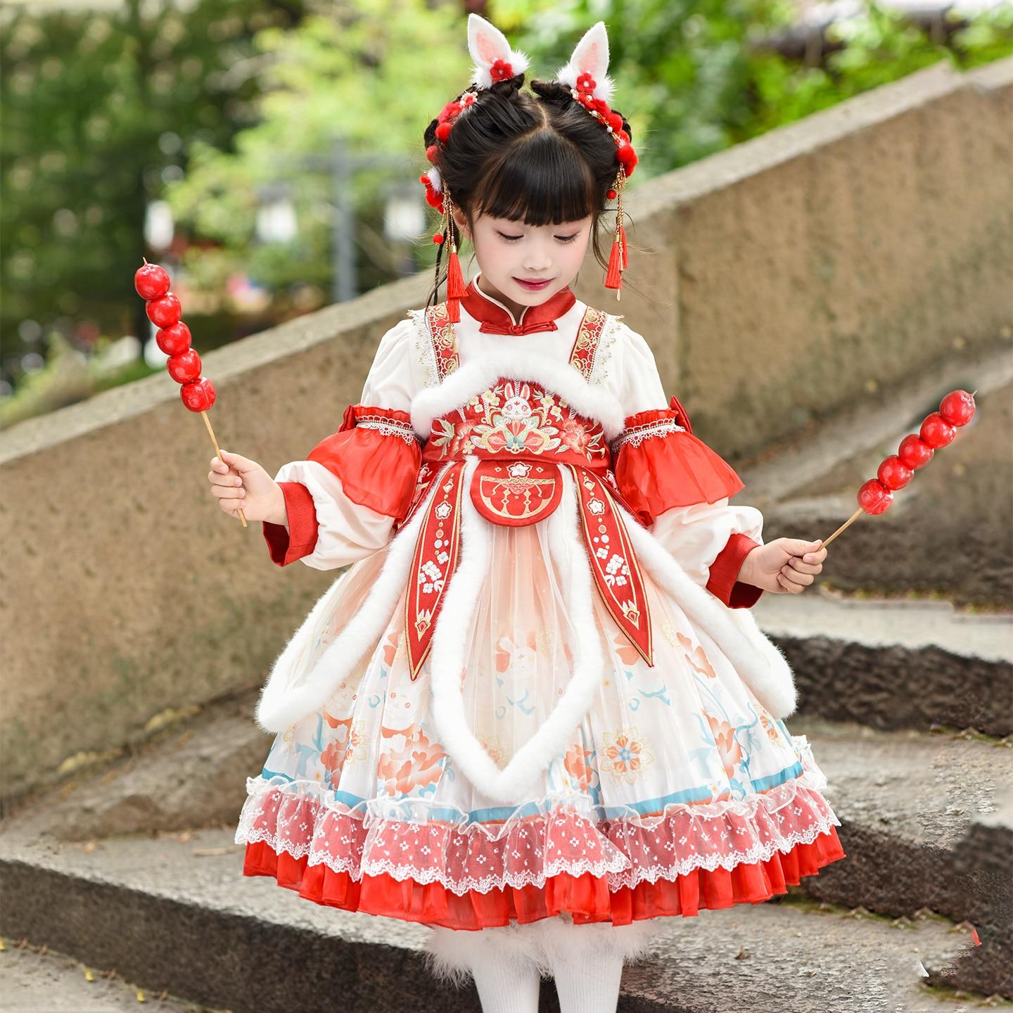 汉服女童秋冬唐装加绒加厚拜年服洛丽塔红色连衣裙冬季新年公主裙