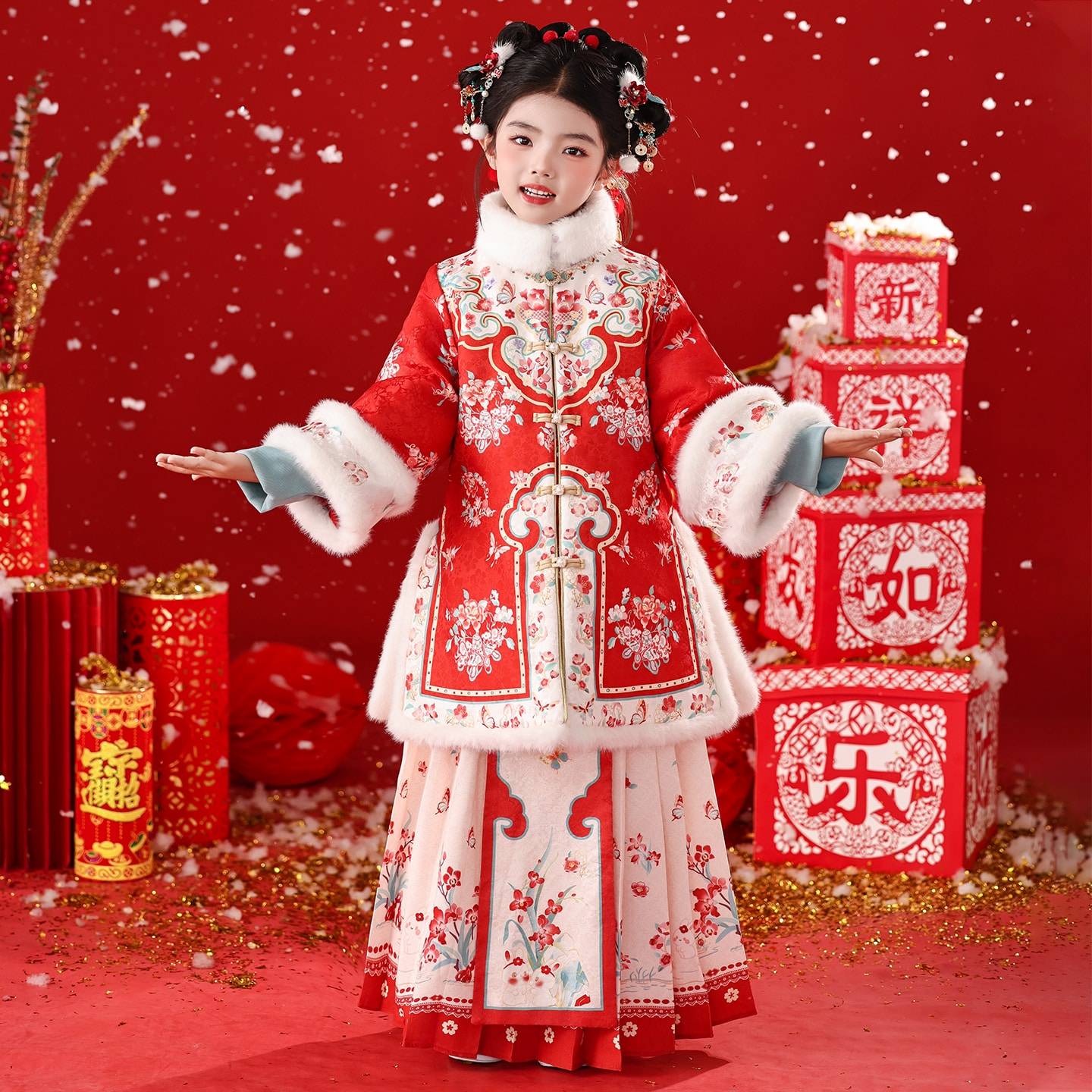 汉服女童冬款儿童加厚红色喜庆拜年服套装女孩新中式马面裙过年服