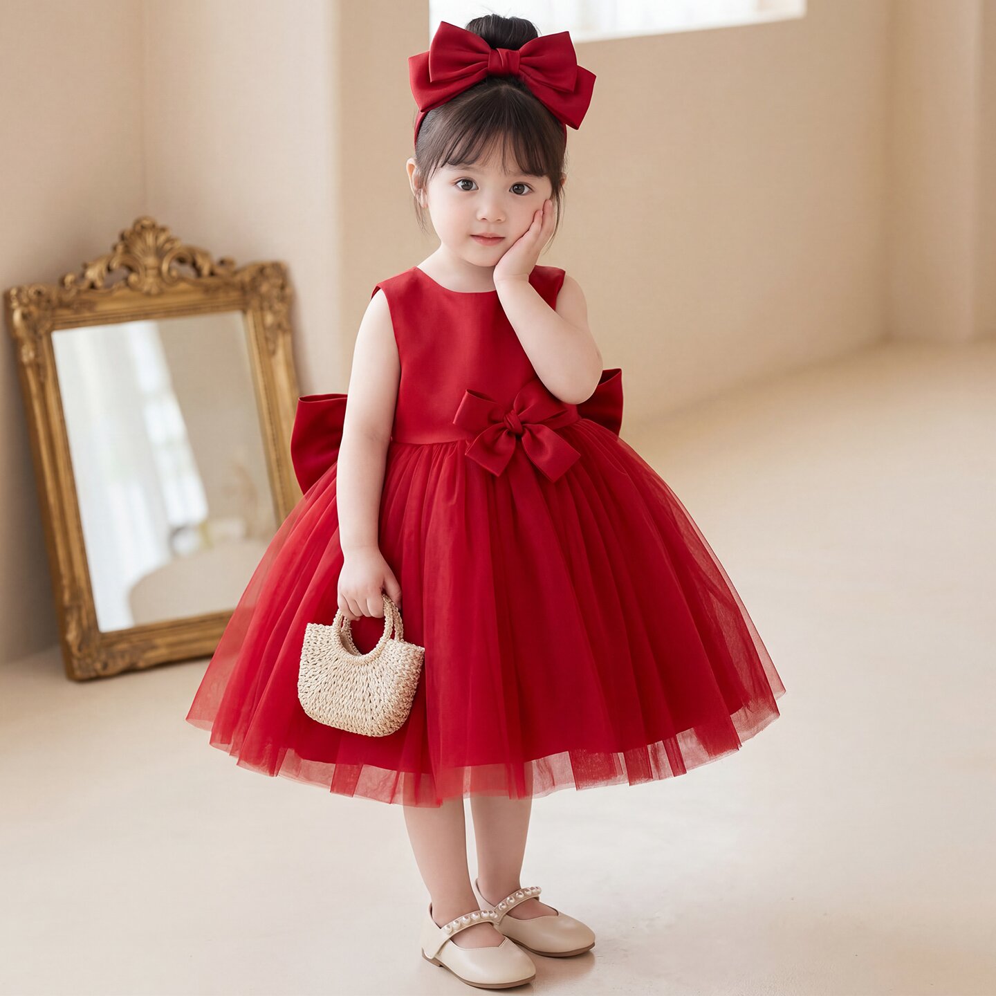 女宝宝周岁礼服夏季生日红色儿童裙子抓周宴女童连衣裙小童公主裙
