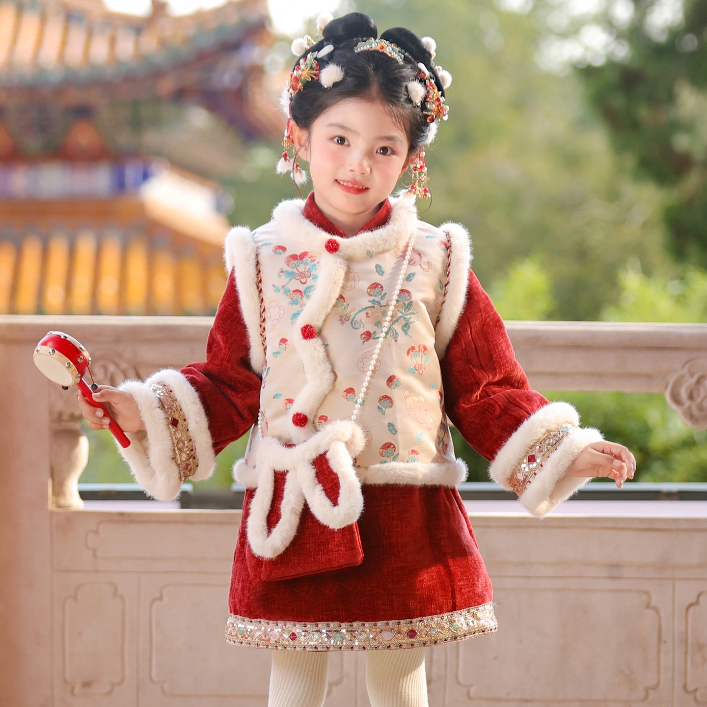 女童旗袍裙套装冬季2025新款儿童国风唐装女孩加绒新年拜年服冬装