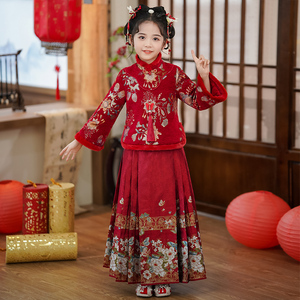 女童冬款中式马面裙套装女孩冬装国风加厚红色新年过年拜年服唐装