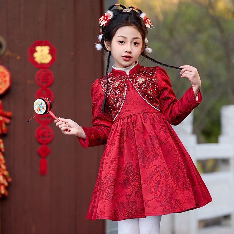 女童连衣裙秋冬红色儿童生日礼服新年裙子中式国风旗袍女孩公主裙