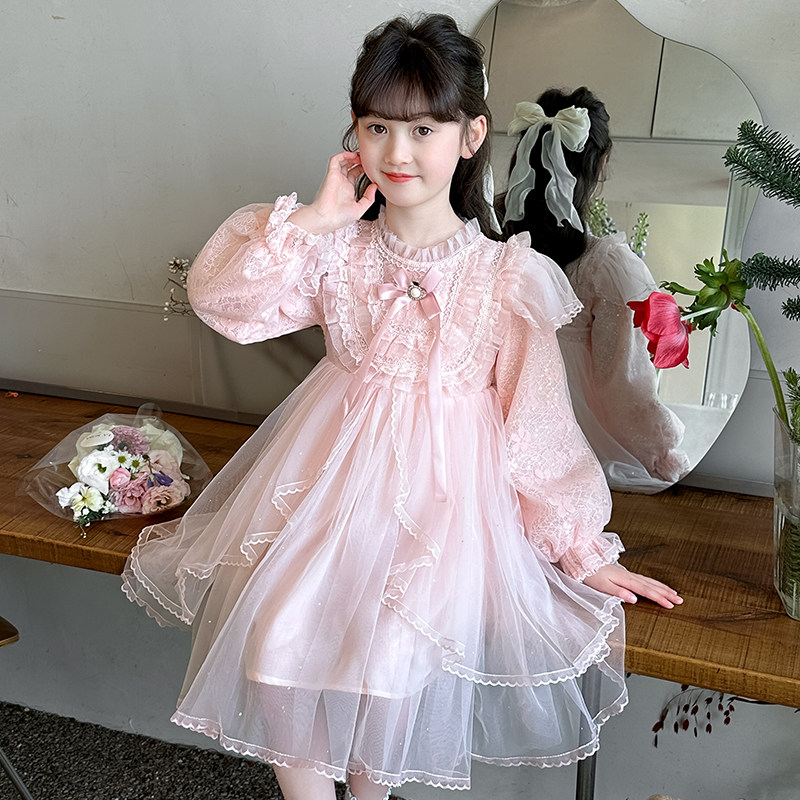 女童春装连衣裙2026新款洋气女孩长袖春秋时髦网纱裙子儿童公主裙