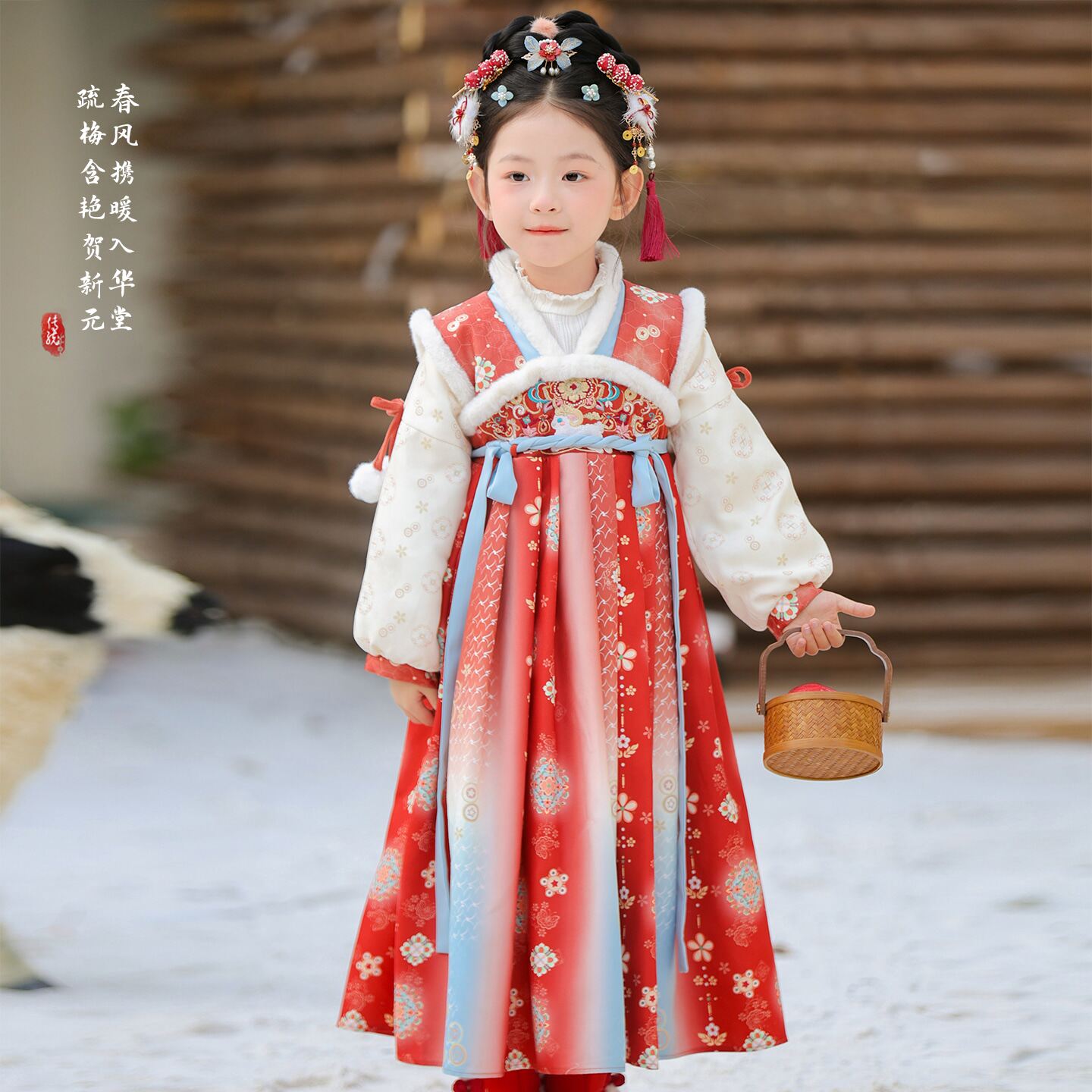 汉服女童冬款儿童国风仙气加绒古装表演襦裙女孩红色连衣裙拜年服