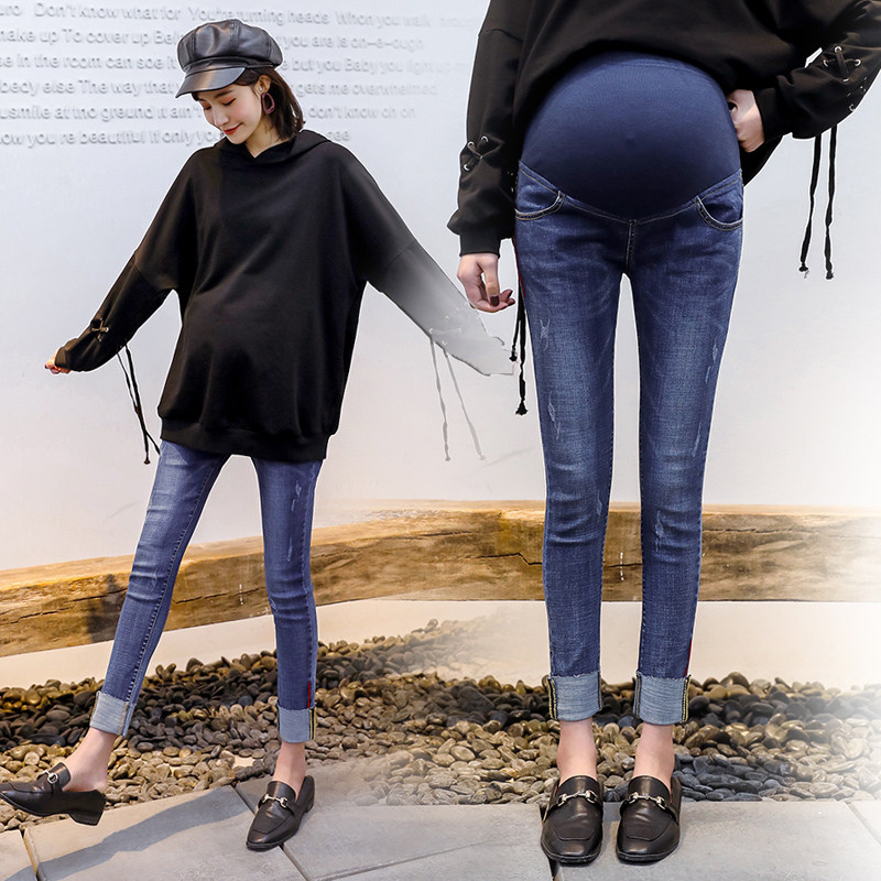 孕妇牛仔裤秋季2019新款裤子秋冬小脚潮妈外穿秋装薄款九分长裤夏