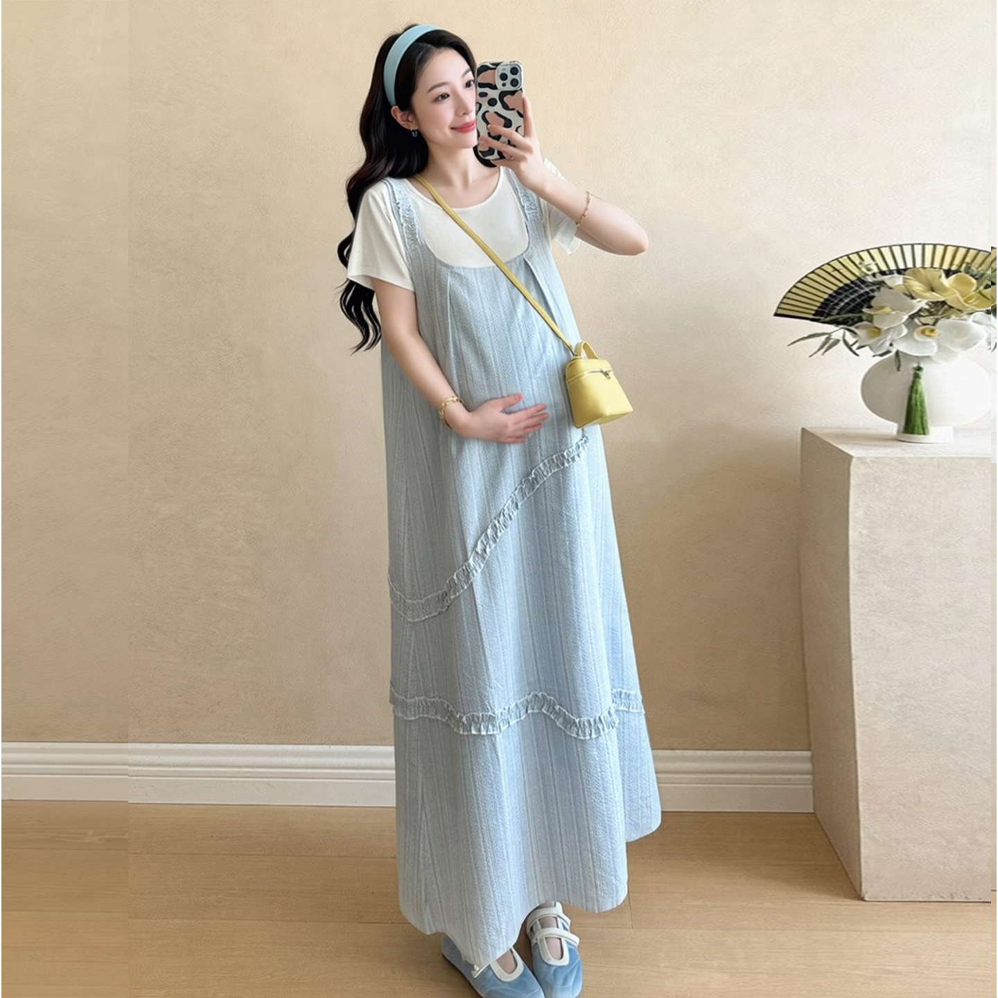 孕妇装背带裙T恤套装夏季新款甜美温柔小清新木耳边捏褶两件套