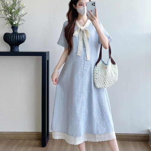 孕雅姿夏季孕妇V领假两件连衣裙