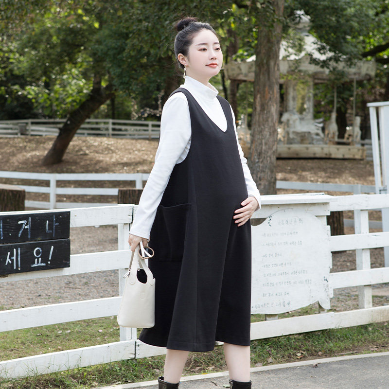 孕妇装背心裙春秋新款呢料纯色极简宽松大裙摆小个子通勤孕妇裙