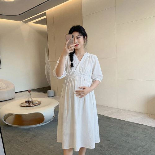 孕妇连衣裙交叉V领中袖春夏新款