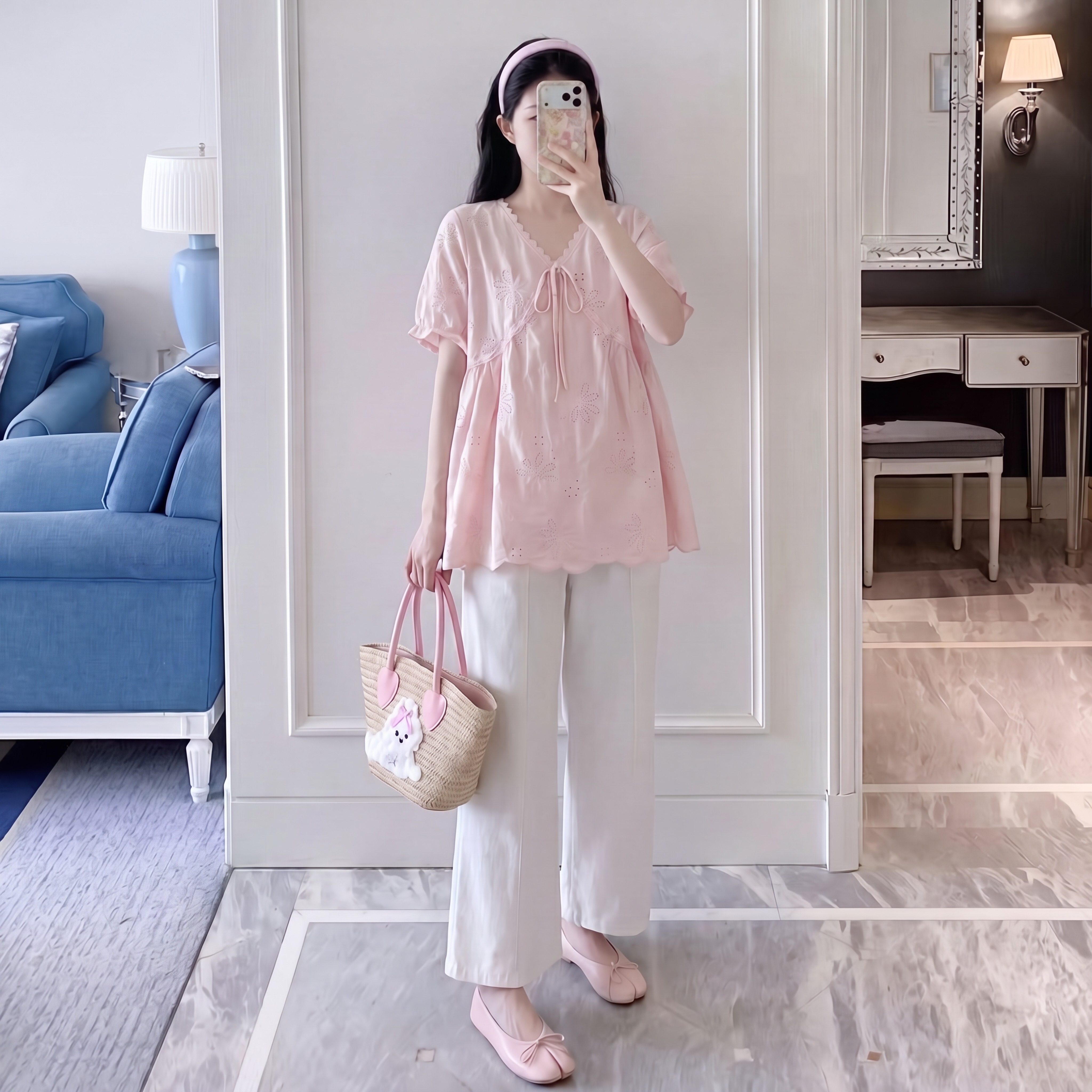 孕妇上衣夏季孕妇镂空V领衬衫图片