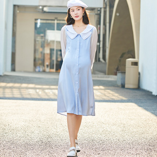 新款 2024年孕妇秋季 高贵韩版 C雪纺纯色中长款 裙 连衣裙双翻领长袖