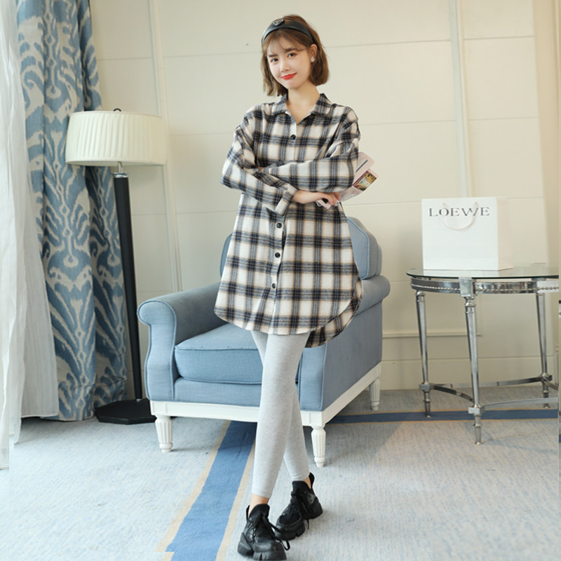 孕妇装春款上衣韩版时尚春秋装格子潮妈中长款孕哺两用衬衫连衣裙