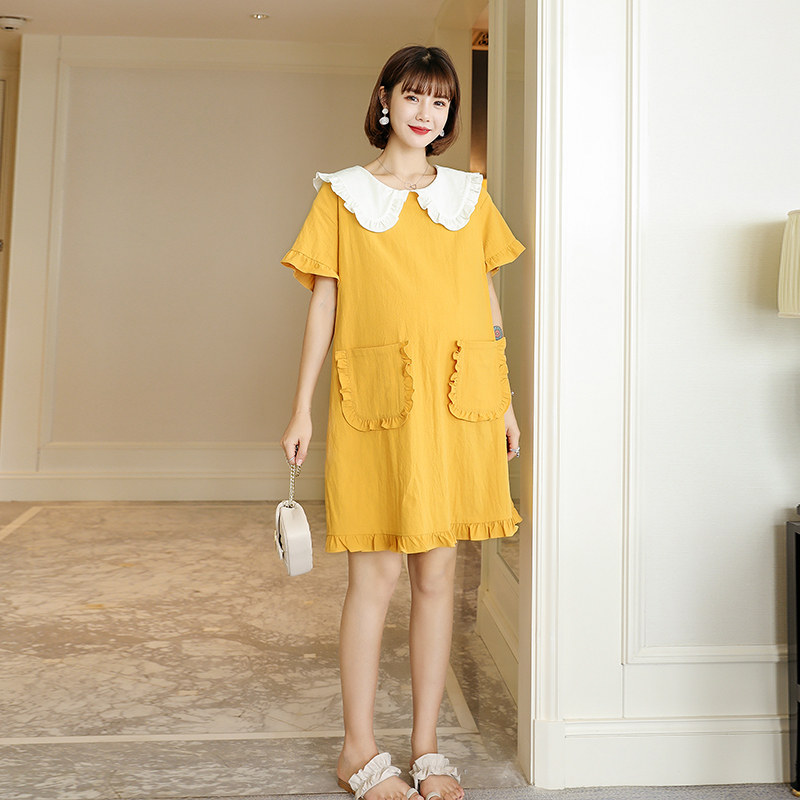 孕妇装春夏装上衣连衣裙时尚甜美翻领短袖潮妈装娃娃领孕妇连衣裙