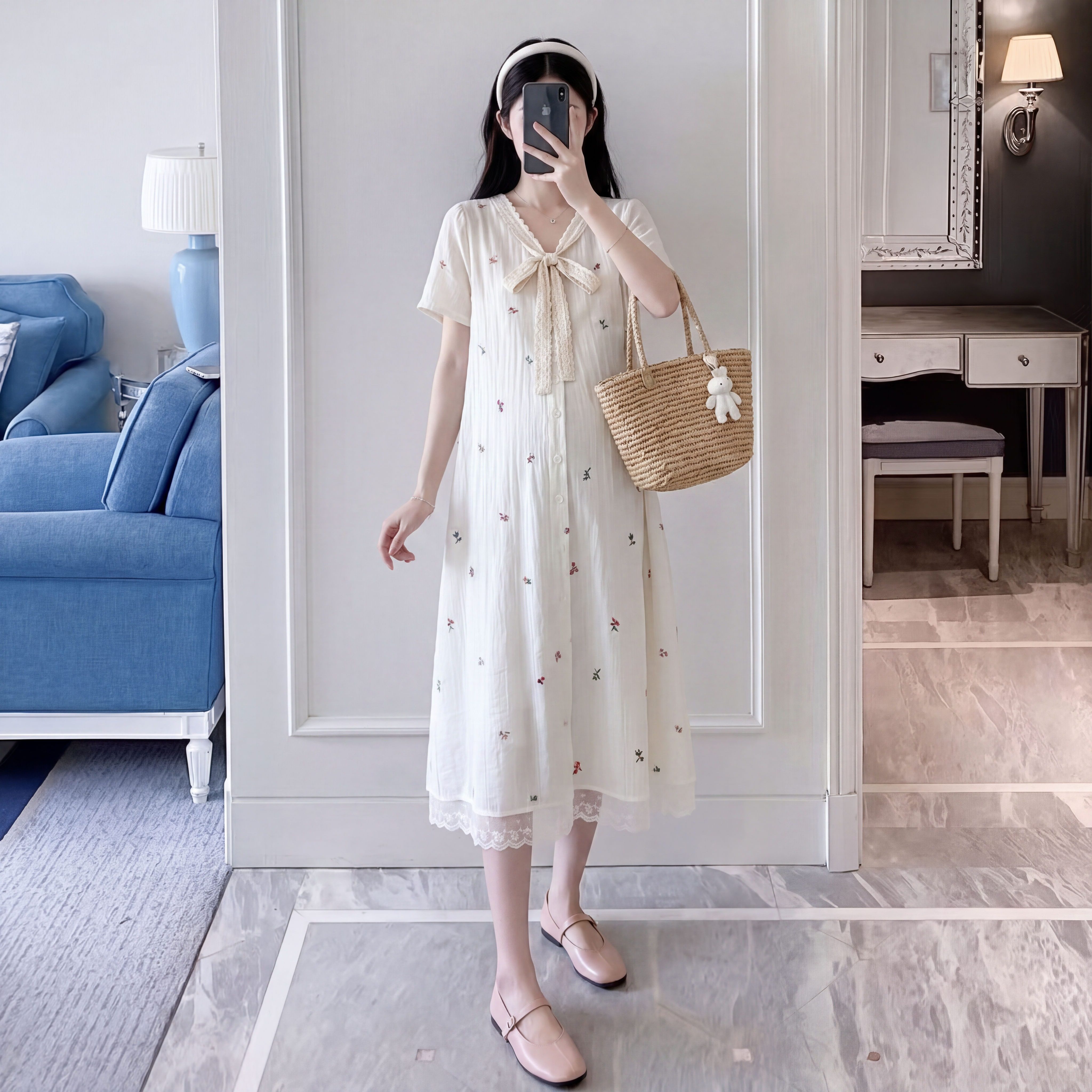 夏季单排扣蕾丝蝴蝶结假两件裙子