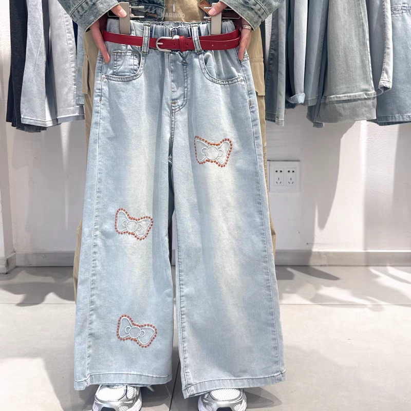 清仓哈比诺女童宽松时尚裤子中大童阔腿裤甜美蝴蝶结牛仔裤