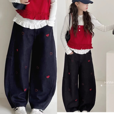 哈比诺女童加绒原色牛仔裤2025秋冬装新中大童爱心休闲纯棉弯刀裤