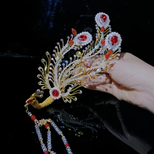 团紫原创金丝凤偏凤新娘黄金色汉服发钗凤钗新中式头饰古风发饰