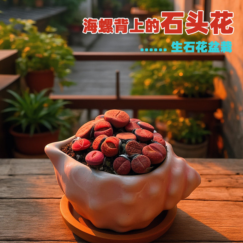 网红海螺陶瓷花盆生石花多肉植物组合盆栽屁股花PP花室内桌面绿植