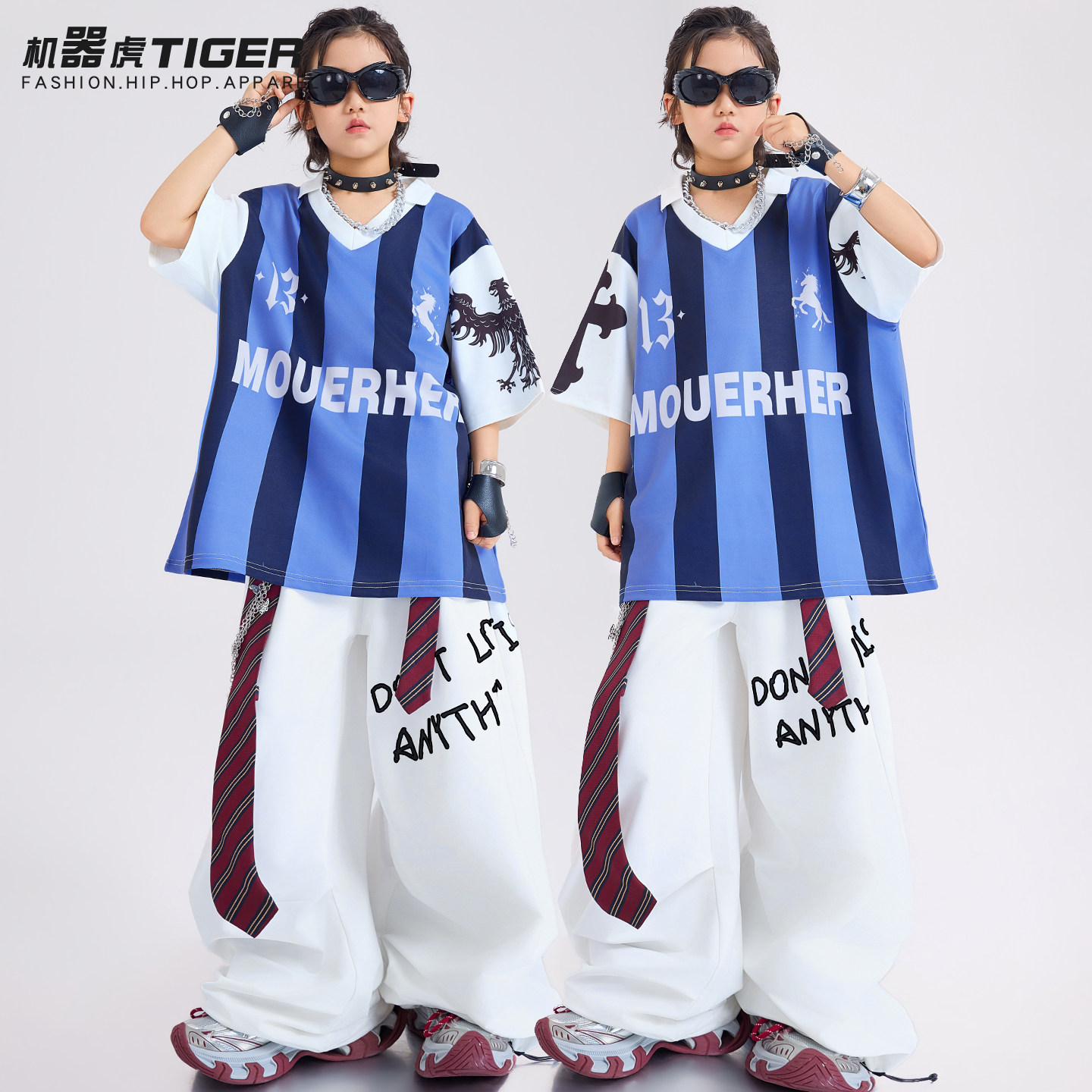 少儿hiphop街舞服装嘻哈男童条纹短袖迷彩套装炸街演出服女童潮装