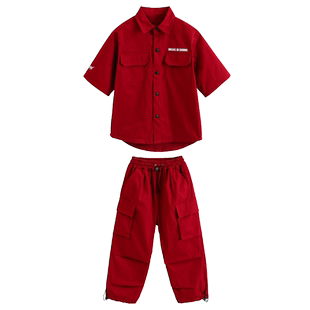 儿童红色街舞表演服女童露脐爵士舞服装男童嘻哈hiphop潮牌演出服