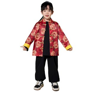 元旦儿童中国风演出服男女童汉服红色喜庆小学生运动会合唱表演服