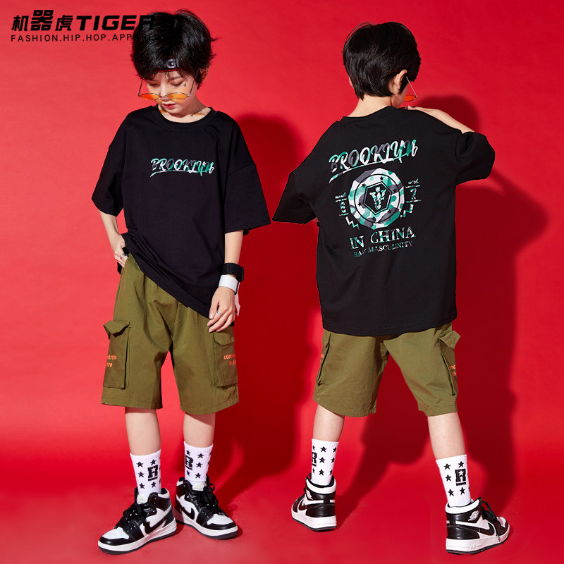 街舞套装男童夏迷彩个性宽松短袖酷嘻哈hiphop演出服儿童表演潮服