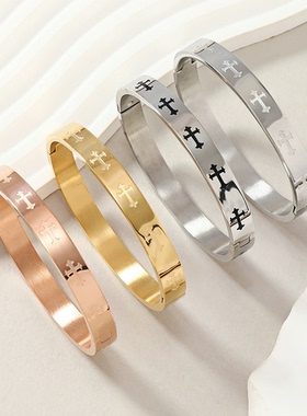 十字架男女款情侣手镯时尚新款钛钢卡扣开口手镯不掉色小众手饰