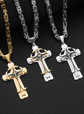 跨境热卖欧美嘻哈三层十字架吊坠不锈钢男士项链朋克配饰