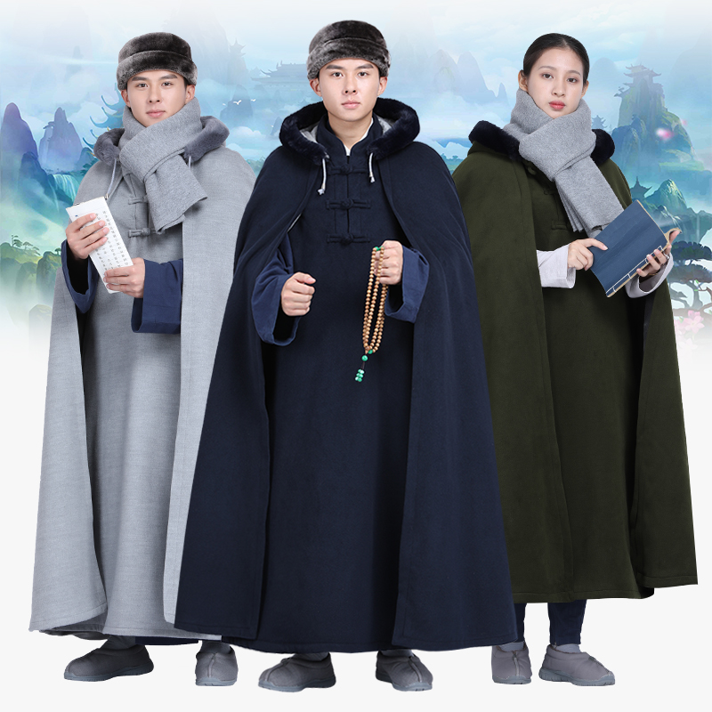 尚远寒冬新款套头毛呢加绒打坐披风僧服风衣僧人居士禅修披风