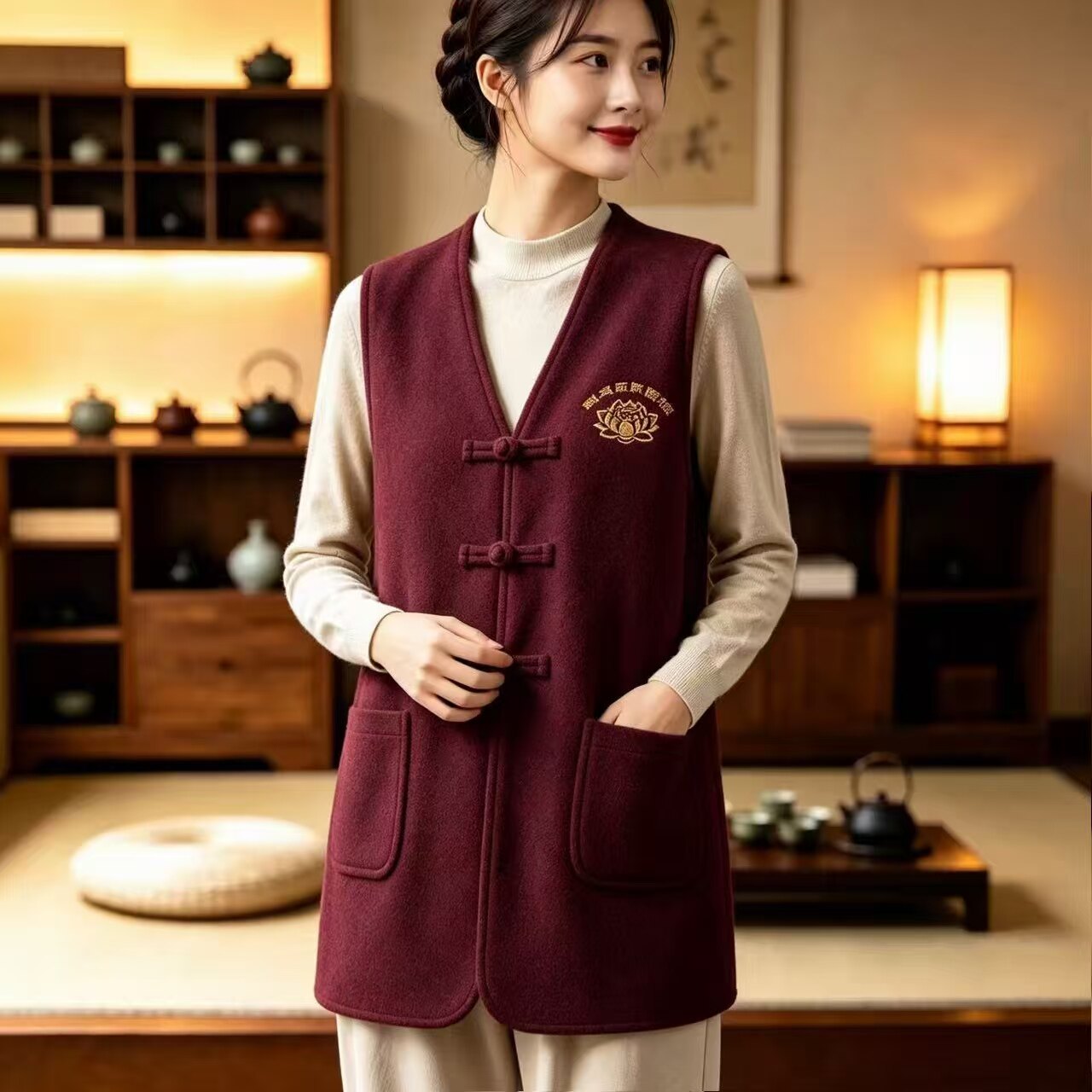 秋冬毛呢绒寺院义工服居士服加厚马甲批量定制背心志愿者工作服