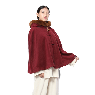 尚远复古文节毛绒冬休闲居士服小斗篷双层加厚禅修小披风保暖