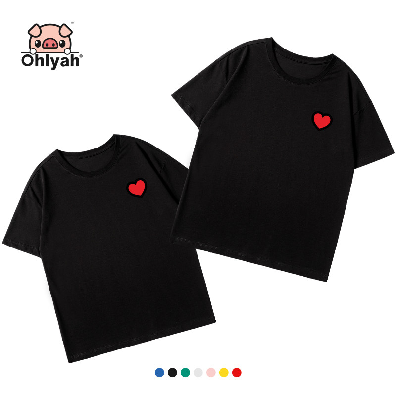 Ohlyah品牌 小猪米罗 全棉面料 爱心图案情侣qlz短袖t恤男女休闲