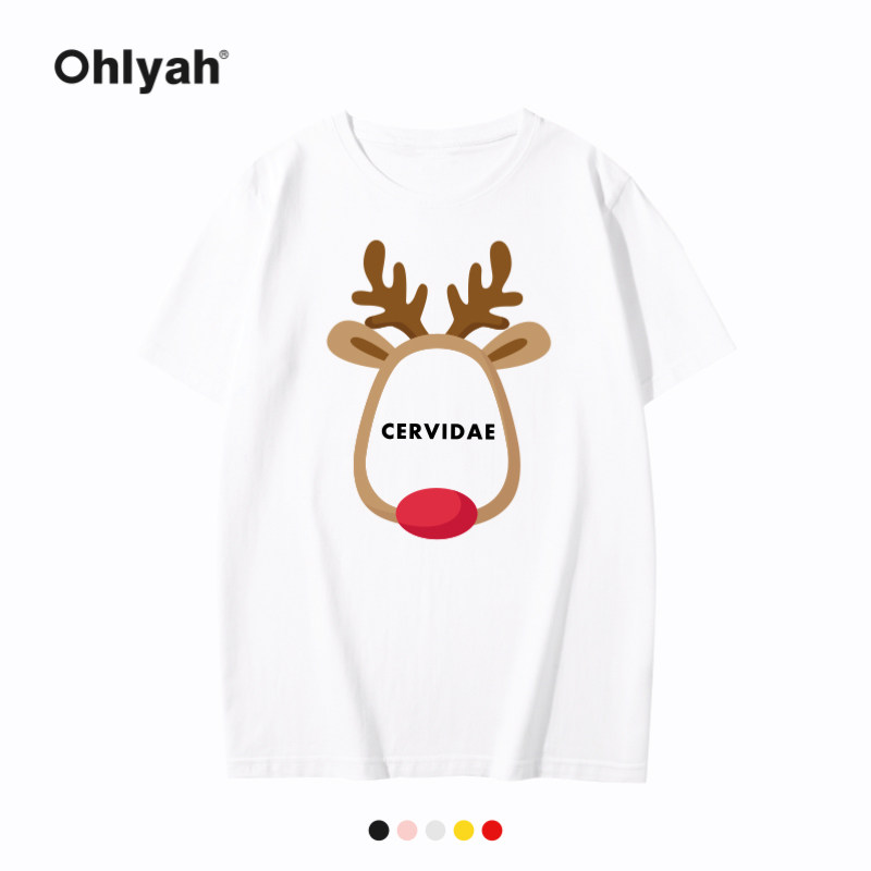 Ohlyah短袖t恤情侣装男女大码纯棉圆领小鹿角印花学生diy班服定制