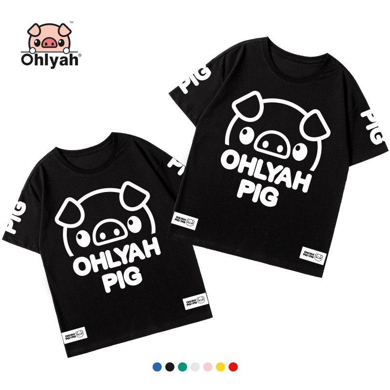 Ohlyah品牌 小猪米罗 全棉短袖  情侣装qlz潮牌卡通t恤女上衣圆领
