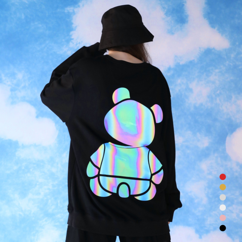 2025新款小熊可爱反光卫衣女男情侣装宽松韩版学院风黑色长袖上衣