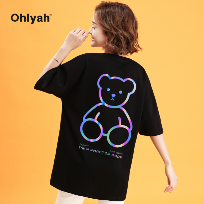 Ohlyah品牌 反光小熊图案情侣装夏装t恤女男宽松短袖纯棉上衣学生