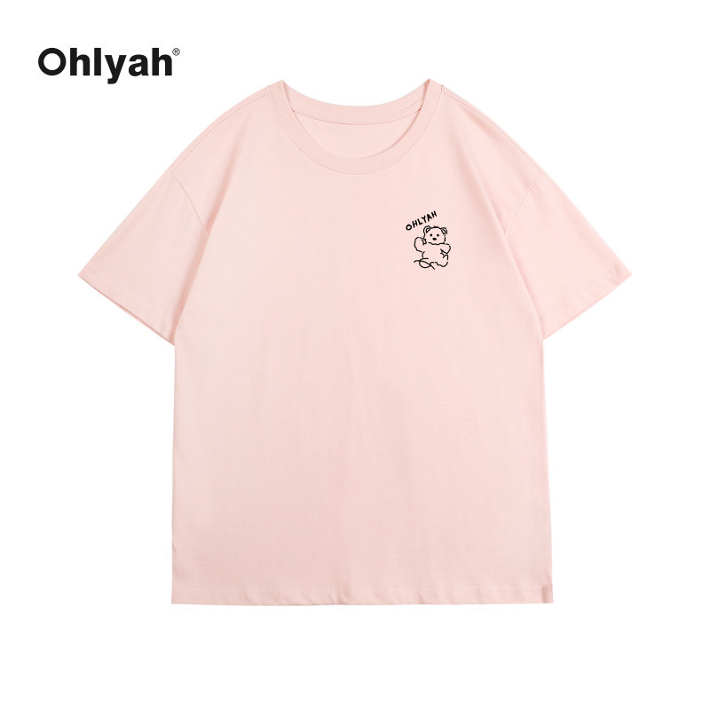 Ohlyah夏新款简约小熊情侣t恤女短袖宽松纯棉ins潮牌chic班服定制