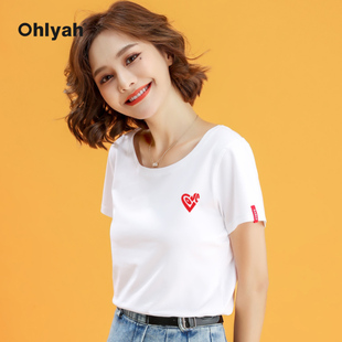 Ohlyah品牌 大领口上衣ins潮 白色短袖 t恤女情侣爱心印花简约修身